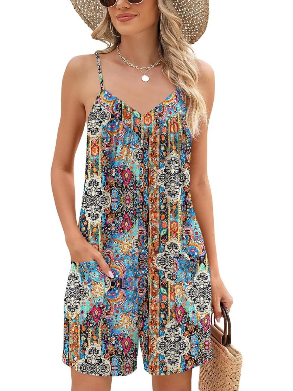 Women multicolor Polyester Casual Sleeveless Adjustable Strap Loose Short Romper